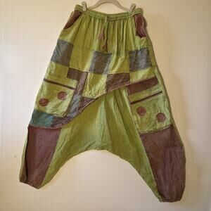 Paloma Patchwork Green Harem Pants Boho Hippie Festival Wide Leg Unisex One Size